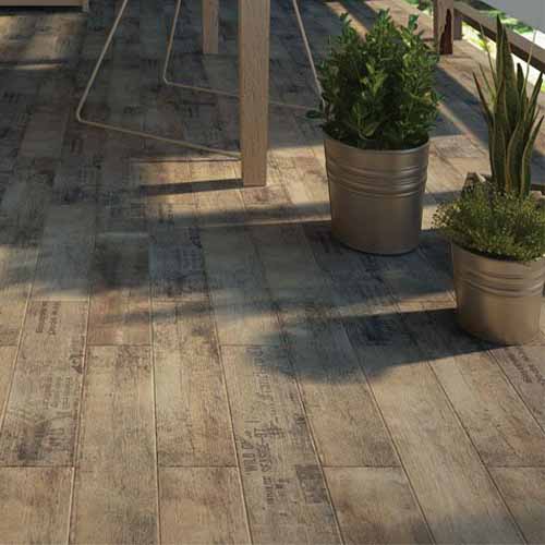 Antique Wood Rust WoodLook Tile Plank Patio close-up